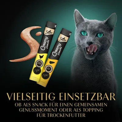 Sheba Creamy Snacks. Vielseitig einsetzbar: Als Snack für Genussmomente oder als Topping für Trockenfutter. Ohne künstliche Farb- und Konservierungsstoffe.