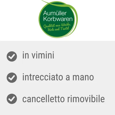Aumüller Korbwaren. Qualità aus Weide, Holz und Textil. in vimini, intrecciato a mano, cancelletto rimovibile. Aumüller Korbwaren. Qualità aus Weide, Holz und Textil. in vimini, intrecciato a mano, cancelletto rimovibile.