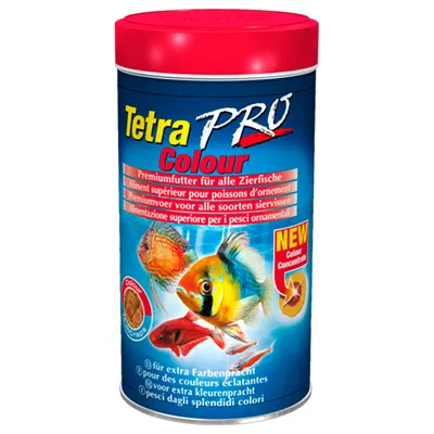 Tetra PRO Colour -purkki, koristekalojen premiumruoka. Teksti: Premiumfutter für alle Zierfische, NEW Colour Concentrate. Kuvassa värikkäitä akvaariokaloja.