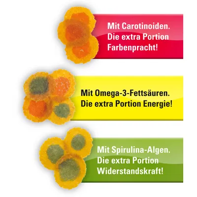 Text på tyska: Mit Carotinoiden. Die extra Portion Farbenpracht! Mit Omega-3-Fettsäuren. Die extra Portion Energie! Mit Spirulina-Algen. Die extra Portion Widerstandskraft!