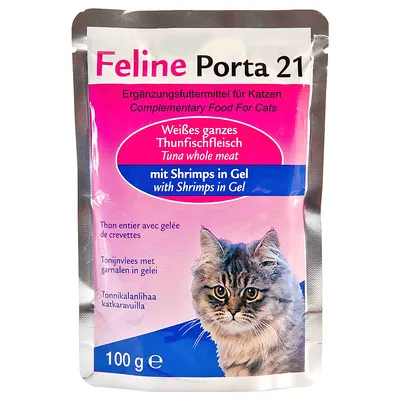 Feline Porta 21 kiegészítő eledel macskáknak, fehér tonhalhús egészben, garnélával zselében, 100 g. A csomagoláson macska képe látható.