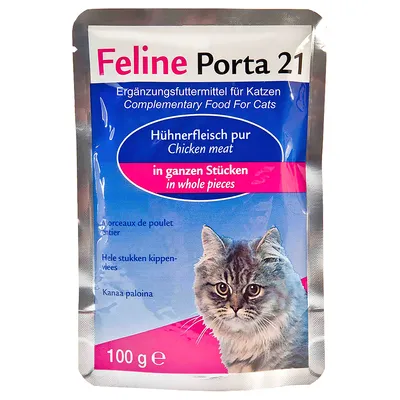Feline Porta 21 kiegészítő macskaeledel, csirkehús egész darabokban, 100 g. A csomagoláson macskafej látható. Felirat angolul és németül: Chicken meat in whole pieces.