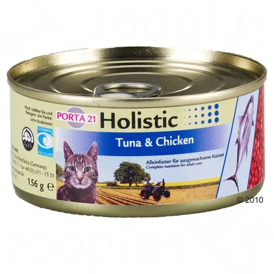 PORTA 21 Holistic Tuna & Chicken, dåse med kattebillede, vægt 156 g, tekst: Alleinfutter für ausgewachsene Katzen, Complete nutrition for adult cats. Interseroh Recycling-mærke synligt.