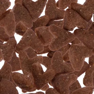 Close-up of heart-shaped, brown dry food pieces. Visible texture with small grains and particles.