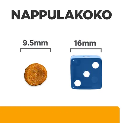 NAPPULAKOKO. Koiranruokanappulan halkaisija 9,5 mm verrattuna siniseen noppaan, jonka koko on 16 mm. Tekstit: 9.5 mm ja 16 mm.