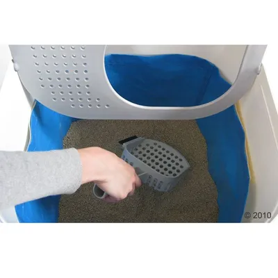 Hånd bruger grå plastikske til at rense kattebakke med blå indvendig pose og kattegrus. Fokus på rengøring af kattebakken.