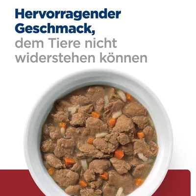 Hervorragender Geschmack, dem Tiere nicht widerstehen können. Schüssel mit Fleischstücken, Karotten und Zwiebeln in Sosse.