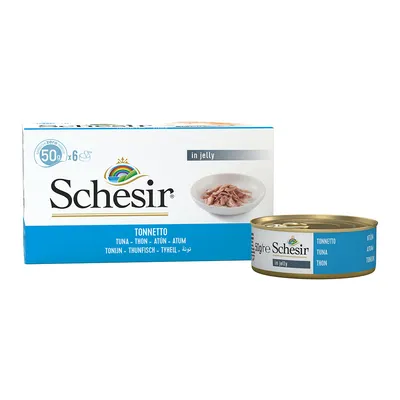 Schesir Tonnetto in jelly, boîte de 6 x 50 g. Texte visible : thon en plusieurs langues. Image d’une portion de thon en gelée dans une assiette sur l’emballage.