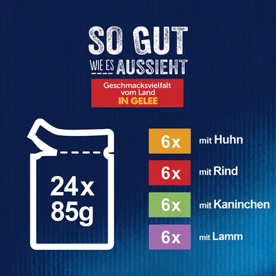 Raznolikost okusov s podeželja v želeju: 24x85g, 6x s piščancem, 6x z govedino, 6x s kunčjim mesom, 6x z jagnjetino.