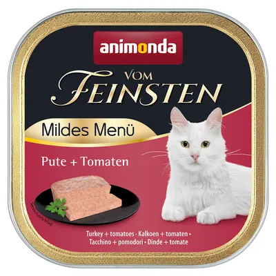 Animonda Vom Feinsten Mildes Menü, turkey + tomatoes. Serving suggestion with cat food on a black plate and a white cat shown.