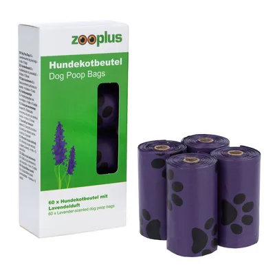 Hundekotbeutel mit Lavendelduft, 60 Stück. Verpackung zeigt lila Beutel mit schwarzen Pfotenmustern und Lavendelmotiv.