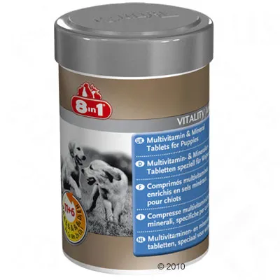 Boîte 8in1 Vitality, comprimés multivitaminés et enrichis en sels minéraux pour chiots. Texte visible en plusieurs langues sur l’étiquette.