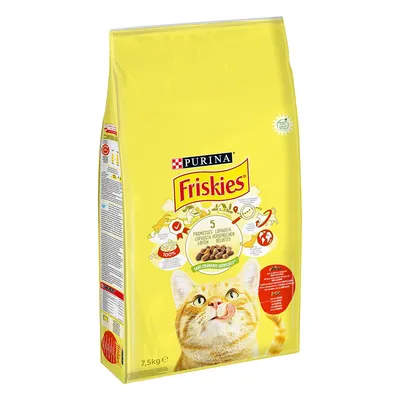Purina Friskies Trockenfutter für Katzen, 7,5kg. Versprechen: 100% ausgewogene Ernährung, ohne künstliche Farbstoffe. Gelbe Verpackung mit rotem Kreis und Katze vorne.