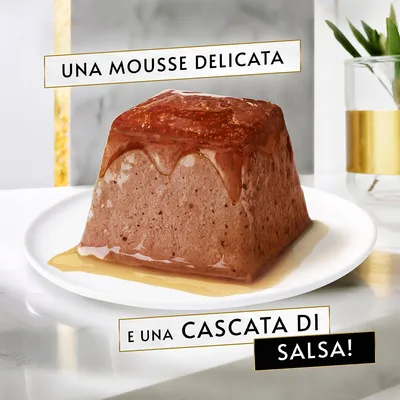 Una mousse delicata e una cascata di salsa! Testo visibile sull'immagine accanto a un alimento umido per animali su piatto bianco.