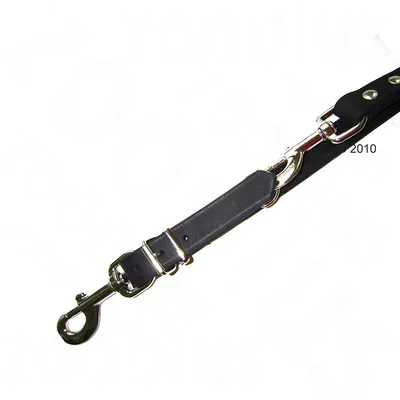 Laisse noire en cuir avec mousqueton métallique argenté et rivets visibles, détail de la fixation et des finitions. Aucun texte de marque visible.
