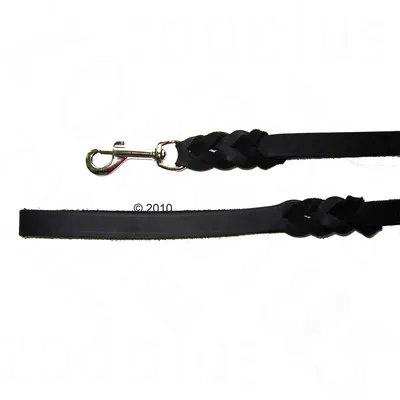 Black dog lead with braided design and silver carabiner, suitable for attaching to a collar.
