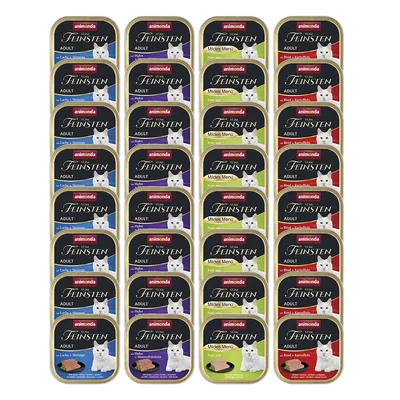 Animonda Vom Feinsten Adult Katzenfutter, verschiedene Sorten: Lachs & Shrimps, Huhn, Meeresfrüchte, Pute & Reis, Rind & Kartoffeln. Verpackung mit Katze abgebildet.