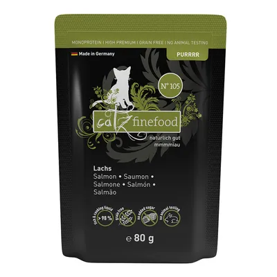 catz finefood No. 105 Lachs, 80g, Made in Germany, Monoprotein, High Premium, Grain Free, No Animal Testing, ohne Zuckerzusatz, 98% Fleischanteil, BPA-frei.
