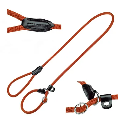 Laisse en corde orange avec poignée, éléments en cuir noir et anneaux métalliques visibles. Plusieurs vues détaillées de la laisse et des finitions.