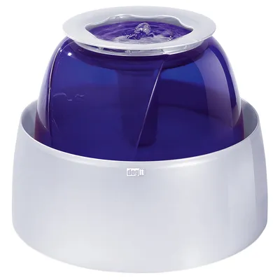 Fontanella per animali Dogit, struttura in plastica bianca e blu con acqua che scorre visibile nella parte superiore. Marchio 'dogit' sul lato.