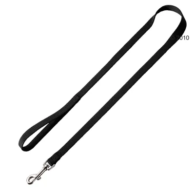 Black nylon lead with a loop handle and metal clip, shown laid out flat to display its full length and attachment mechanism.
