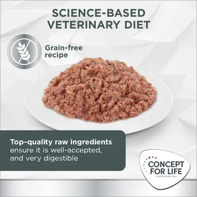 CONCEPT FOR LIFE Science-Based Veterinary Diet, ricetta senza cereali, ingredienti di alta qualità. Testo in inglese: Top-quality raw ingredients ensure it is well-accepted, and very digestible.