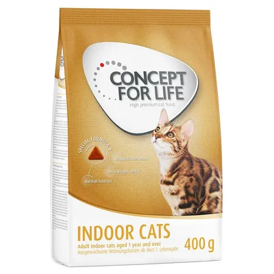 Concept for Life Indoor Cats hrana za odrasle kućne mačke, 400 g. Vidljiv tekst: Special Formula X, Reduced stool odour, Body weight control, Hairball function.