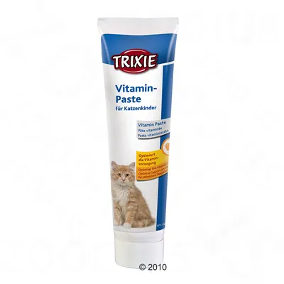 Trixie Vitamin-Paste für Katzenkinder, туба с изображение на коте. Видим текст: Vitamin Paste, Optimiert die Vitaminversorgung.