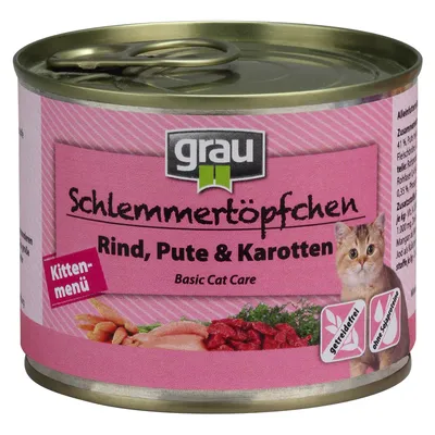 grau Schlemmertöpfchen Rind, Pute & Karotten Kitten-menü Basic Cat Care. Bild på kattunge och ingredienser synliga på burkens etikett.