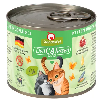 GranataPet DeliCATessen Kitten Junior poultry. Made in Germany, grain-free, with pomegranate seeds, salmon oil and green-lipped mussel. No animal testing.