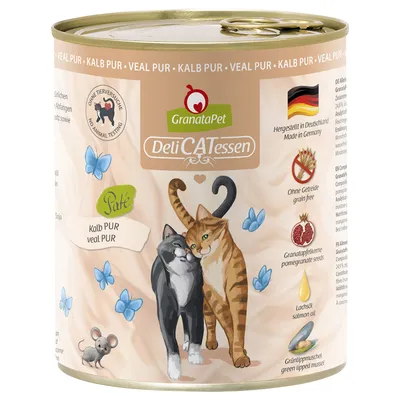 GranataPet DeliCATessen Kalb PUR Paté. Hergestellt in Deutschland, ohne Tierversuche, ohne Getreide, mit Granatapfelkernen, Lachsöl und Grünlippmuschel. Illustration von zwei Katzen.