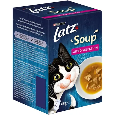 Latz Soup Mixed Selection kattmat, 6 x 48 g. Bild på förpackning med tecknad katt och skål med soppa. Text: Tillverkad av noggrant utvalda ingredienser av hög kvalitet.