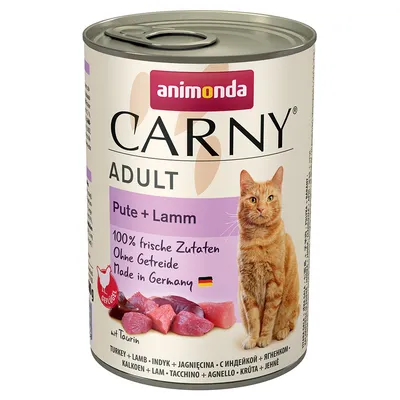 Animonda Carny Adult pulyka + bárány, 100% friss összetevők, gabonamentes, Németországban készült. Taurinnal és baromfi-jelzéssel.