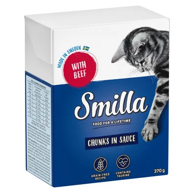 Smilla Chunks in Sauce, 370 g, avec bœuf, recette sans céréales, contient de la taurine, made in Sweden. Texte en anglais visible sur l’emballage.