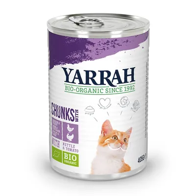Yarrah Bio-Organic seit 1992. Chunks mit Huhn, Brennnessel und Tomate. Bio-Zertifikat. Dose 405g mit Katzenmotiv.
