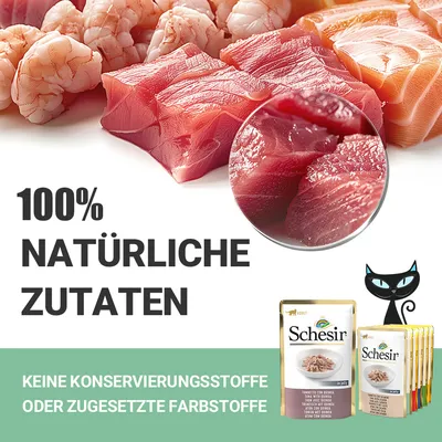 100% natürliche Zutaten. Keine Konservierungsstoffe oder zugesetzte Farbstoffe. Schesir Katzenfutter in verschiedenen Packungen sichtbar.