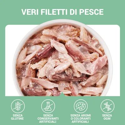 Veri filetti di pesce in ciotola. Testo: senza glutine, senza conservanti artificiali, senza aromi o coloranti artificiali, senza OGM.