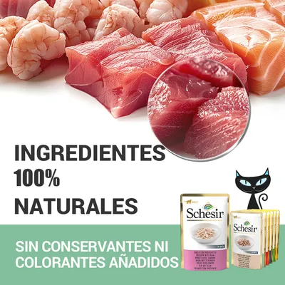 Schesir. Ingredientes 100% naturales. Sin conservantes ni colorantes añadidos. Imagen de trozos de pescado y marisco, sobres de comida para gatos Schesir y dibujo de un gato negro.