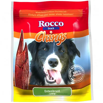 Rocco Snack Chings Entenbrust 170 g, 100 % Fleisch, bez konzervansa. Slika pseće poslastice od pačjih prsa u vrećici s fotografijom psa i komadima mesa.