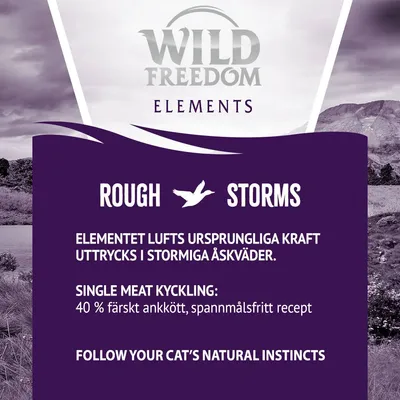 Wild Freedom Elements. Rough Storms. Elementet lufts ursprungliga kraft uttrycks i stormiga åskväder. Single meat kyckling: 40 % färskt ankkött, spannmålsfritt recept. Follow your cat’s natural instincts.