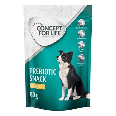 Concept for Life Prebiotic Snack Chicken, 80 g. Unterstützt Verdauung, mit Präbiotika, ohne Getreide, Einzelproteinquelle. Verpackung zeigt Hund und Produktdetails. Concept for Life Prebiotic Snack Chicken, 80 g. Unterstützt Verdauung, mit Präbiotika, ohne Getreide, Einzelproteinquelle. Verpackung zeigt Hund und Produktdetails.