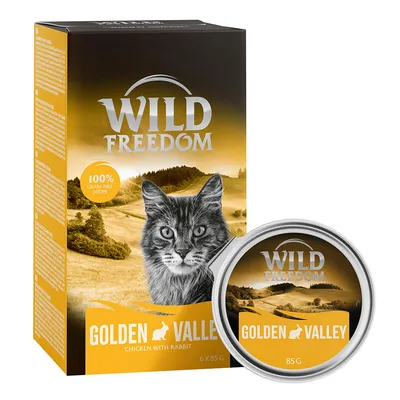 Wild Freedom Golden Valley, 6 x 85 g, Chicken with Rabbit, 100 % grain-free recipe, boîte et barquette visibles avec image de chat sur l’emballage.