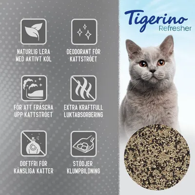 Tigerino Refresher. Naturlig lera med aktivt kol, deodorant för kattströet, fräschar upp kattströet, extra kraftfull luktabsorption, doftfri, stödjer klumpbildning. Bild på katt och strö.