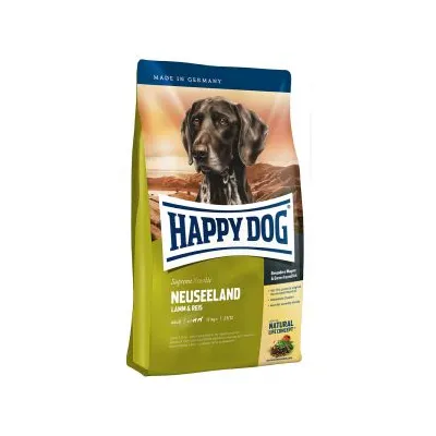 Opakowanie karmy Happy Dog Neuseeland Lamm & Reis, widoczne napisy: Made in Germany, Natural Life Concept, Supreme Sensible. Zielono-niebieska torebka z dużym logo marki.