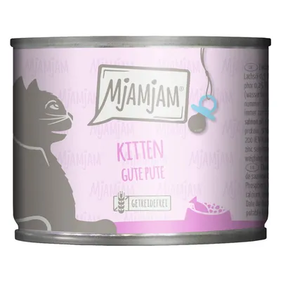 MjAMjAM Kitten Gute Pute, getreidefrei. Nassfutter für Kätzchen in einer Dose mit rosa Design.