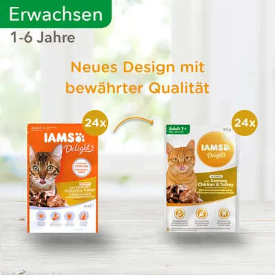IAMS Delights -kissanruoka, kaksi pakkausversiota: vanha ja uusi design. Molemmissa 24 x 85 g annospakkausta, makuna Savoury Chicken & Turkey. Teksti: Neues Design mit bewährter Qualität.