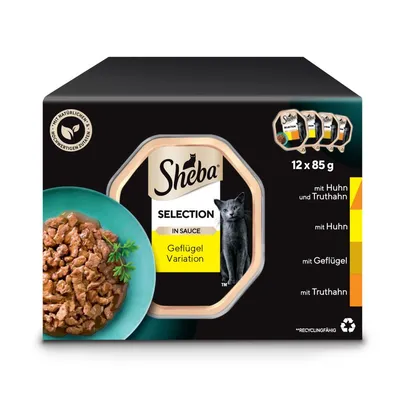 Caja de Sheba Selection in Sauce Geflügel Variation, 12 x 85 g. Texto visible: mit Huhn und Truthahn, mit Huhn, mit Geflügel, mit Truthahn. Imagen de comida húmeda y gato.