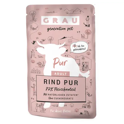 GRAU Rind Pur Adult, 72% Fleischanteil, mit natürlichen Zutaten, ohne Zuckerzusatz, getreidefrei. Für deine Katze.