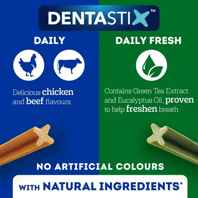 Dentastix daily treats with chicken and beef flavours, daily fresh variant contains green tea extract and eucalyptus oil to help freshen breath. No artificial colours, natural ingredients.