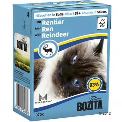 Bozita Feline hrana za mačke s mesom soba, 370 g. Tekst: Häppchen in Soße. Bitar i Sås. Chunks in Sauce. 93 % Fleisch im Häppchen. FSC oznaka. Slika mačke s plavim očima.